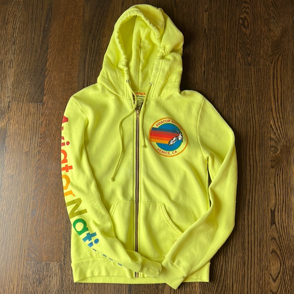 Aviator Nation Sweatshirt Hoodie, Full Zip, Yellow, Small